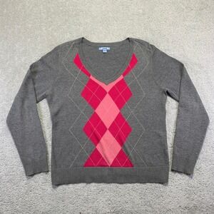 Vintage IZOD Sweater Womens‎ Large Grey Pink Argyle V-Neck Long Sleeve Pullover